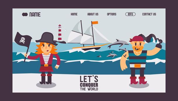 Пираты мультяшные персонажи и спасательный корабль в море, векторная иллюстрация. Дизайн сайта, шаблон целевой страницы. Квест-игра для детей, смешные пираты в плоском стиле
 - Вектор,изображение