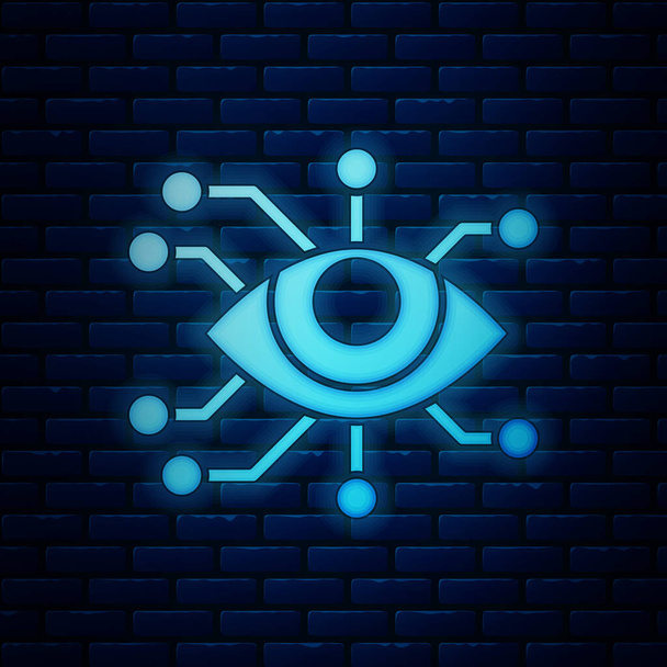 Gloeiende neon Eye scan icoon geïsoleerd op bakstenen muur achtergrond. Ik scan het oog. Veiligheidscontrole symbool. Cyberoogteken. Vector Illustratie - Vector, afbeelding