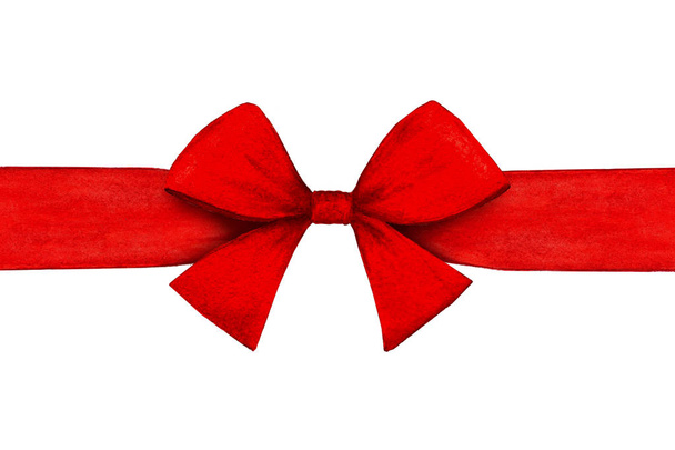 Red ribbon with a bow on a white background watercolor illustration suitable for holiday designs - Photo, Image