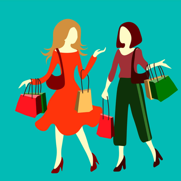 Two women go shopping and talking. Two women walk with purchase bags and talking. Shopping, sale. - Vektor, kép