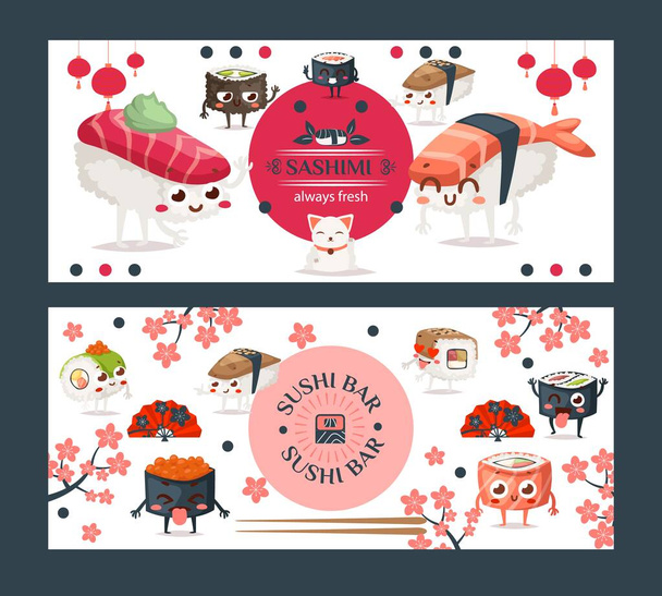 Bandiera sushi bar, illustrazione vettoriale. Ristorante per famiglie di cucina asiatica, libretto pubblicitario per la consegna di sushi, brochure alimentare giapponese con divertenti personaggi dei cartoni animati
 - Vettoriali, immagini