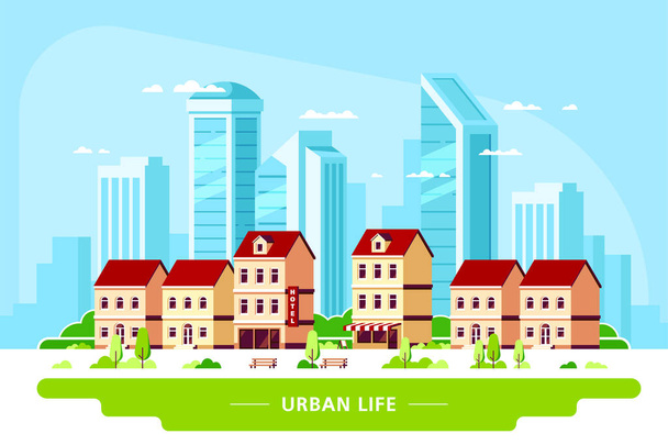 Illustrazione del paesaggio urbano, design banner in stile piatto - Vettoriali, immagini