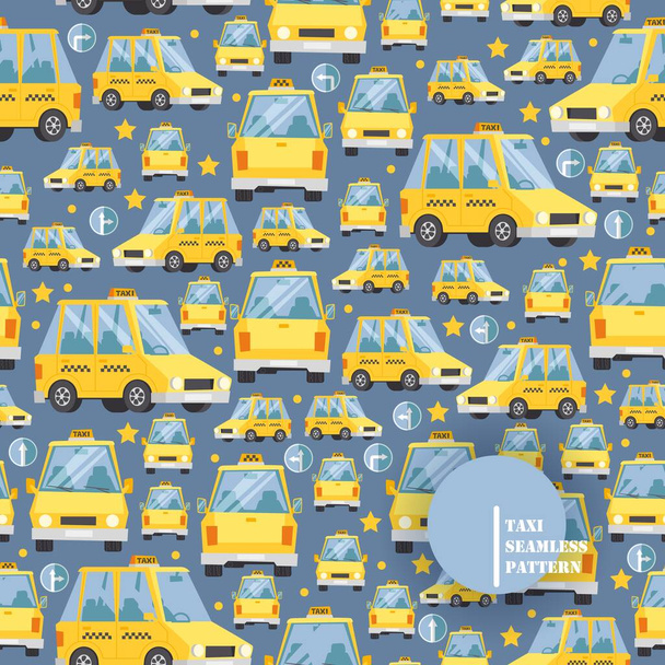 Taxi car icons in seamless pattern, vector illustration. Yellow cab in cartoon style, many vehicles in different angles, taxi service background. Paper or fabric print - Vector, Image