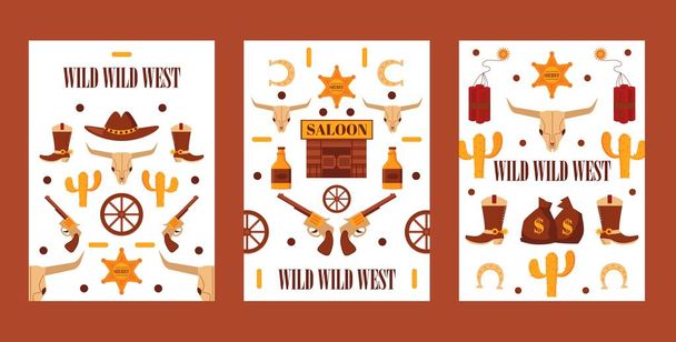 Wild West conjunto de banners com ícones isolados, ilustração vetorial. Desenhos animados símbolos de estilo americano ocidental, aventuras de cowboy. Wild West estilo jogo quest ou convite de festa
 - Vetor, Imagem