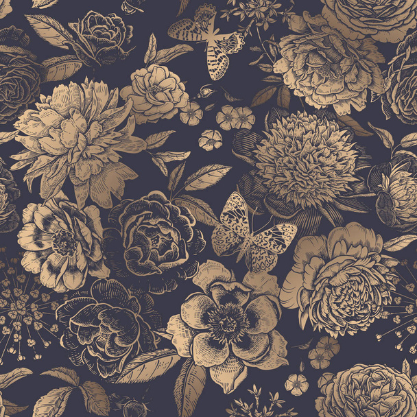 Vintage floral seamless pattern. Peonies, roses and butterflies. - Vector, imagen