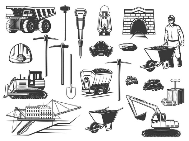 Ikony hornictví, helmy, krumpáče a důlního zařízení - Vektor, obrázek