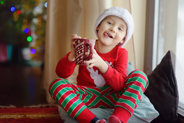 Little boy drinking hot cocoa in decorated cozy living room. Happy kid on Christmas time. Activity for children on winter holidays - Foto, Imagem