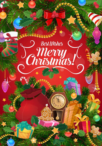 Χριστουγεννιάτικα δώρα και ρολόι. Χριστουγεννιάτικες γιρλάντες - Διάνυσμα, εικόνα