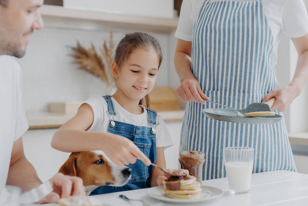 Cieszę się, że mała dziewczynka lubi jeść smaczny deser przygotowany przez mamę, dodaje roztopionej czekolady do naleśników, cieszy się razem i matka, ojciec i pies, mają pyszne pożywne śniadanie w kuchni - Zdjęcie, obraz
