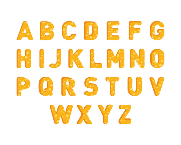 Chesse alphabet in 3D. Font from cheese, food in the form of letters. Cheese letters collection. Symbols isolated on white. Yellow textured alphabet - Wektor, obraz