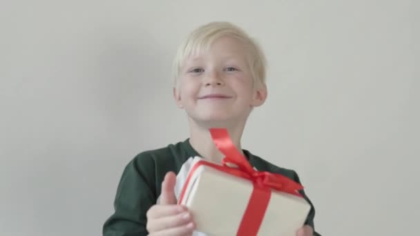 Ένα παιδί κρατά ένα όμορφα συσκευασμένο κουτί με ένα δώρο στην κάμερα - Πλάνα, βίντεο