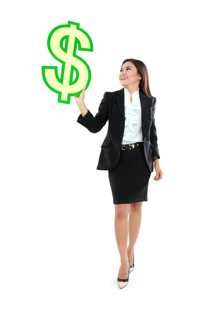 Portrait of beautiful business woman holding a US dollar symbol - Φωτογραφία, εικόνα