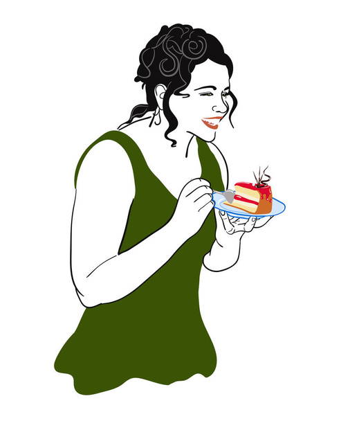 Baculatá holka jí dort - Vektor, obrázek