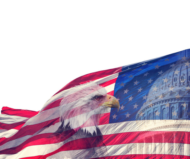 Capitolio de los Estados Unidos, bandera americana y águila calva
  - Foto, Imagen