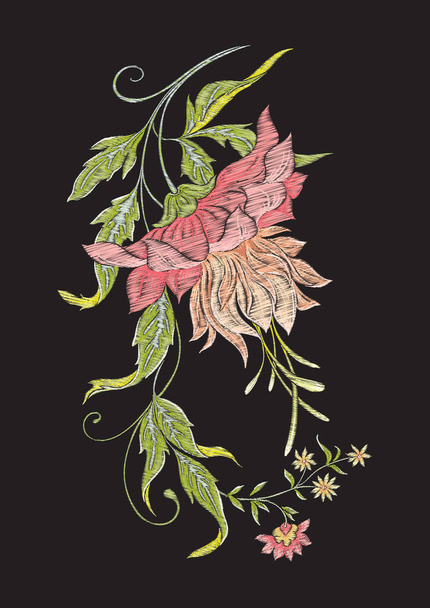 Fantázia virágok retro, szüret, jakobab hímzés stílusban - Vektor, kép