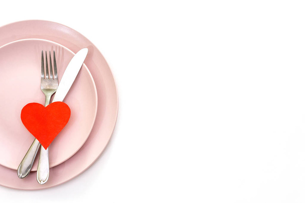 Red hearts, ribbons, spoon, fork, knife - Foto, imagen