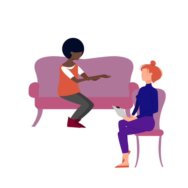 Escena de terapeuta mujer caucásica consultando a paciente mujer negra. Ilustración de vector de stock de estilo plano
 - Vector, imagen