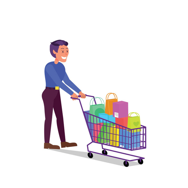 Caucasian adult man walking with shopping cart full of purchases - Vector, Image