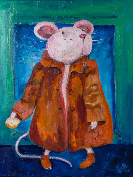 Śmieszny szczur w płaszczu jedzący chleb. Obraz olejny na płótnie.con - Zdjęcie, obraz