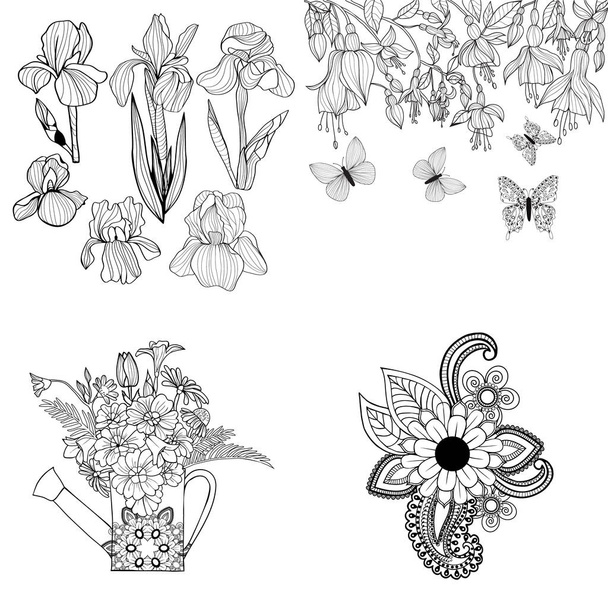 set illustratie met iris bloemen, Fuchsia bloemen en water geven - Vector, afbeelding