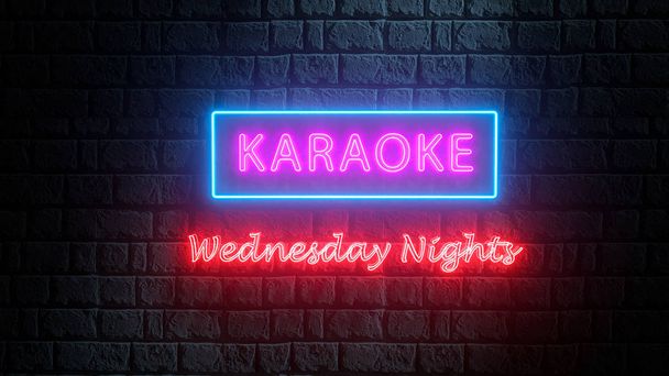 3D sokak gecesi afişi, tabela, çarşamba geceleri karaoke ilan panosu, tuğla duvar. Neon sokak tarzında 3d illüstrasyon. - Fotoğraf, Görsel