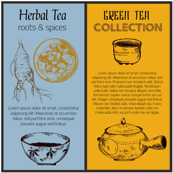 Zöld tea és egészségügyi gyógynövények bannerek állítsa vázlat vektor illusztráció. Tealevelek, kínai teáskanna, gyógynövények és ginzeng gyökér. Csomagolás, itallap, homeopátia és alternatív gyógyászat tervezése. - Vektor, kép