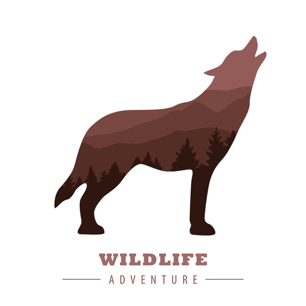 divoká zvěř dobrodružství vlk silueta s lesní krajiny - Vektor, obrázek