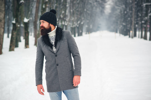 Красива бородата людина в пальто і капелюсі взимку. Мода, люди і стиль життя
.  - Фото, зображення