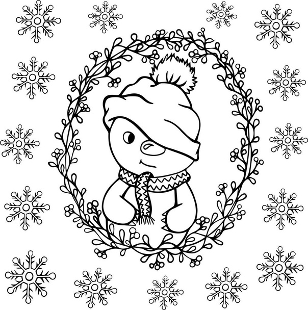 χιονάνθρωπος περίγραμμα εικονογράφηση χρωματισμός βιβλίο χειμώνα νέο έτος νιφάδες χιονιού μονόχρωμη doodle σκίτσο καρτ ποστάλ - Διάνυσμα, εικόνα