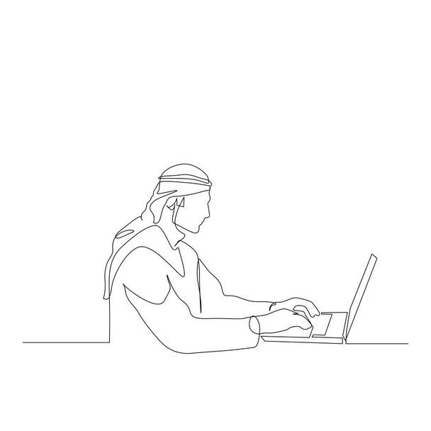 Συνεχής άνθρωπος μιας γραμμής σε αραβικά ρούχα εργάζεται σε ένα φορητό υπολογιστή. Εκπαιδευτική ιδέα. Εικονογράφηση διανύσματος. - Διάνυσμα, εικόνα