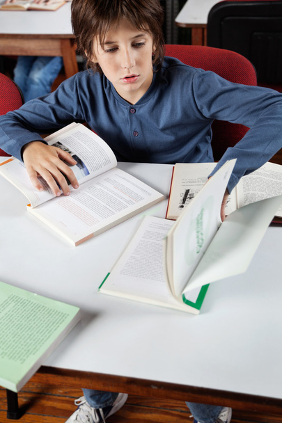 Schoolboy Studying In Library - Фото, изображение