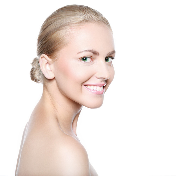 Beautiful smiling blonde woman on a white background - Foto, Imagen