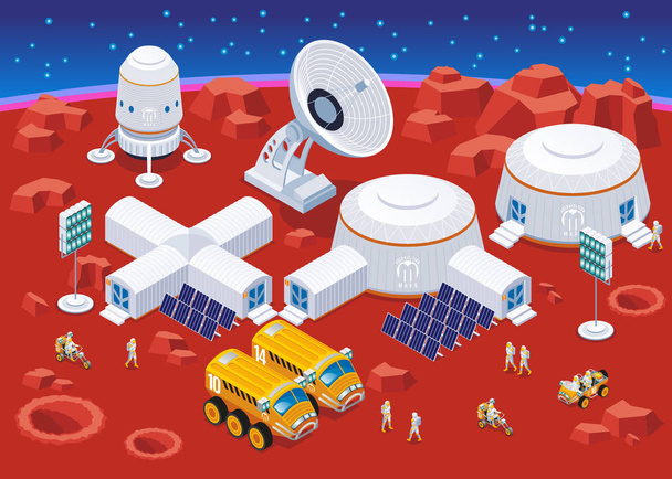 Ilustrace izometrických ikon kolonizace Mars na izolovaném pozadí - Vektor, obrázek