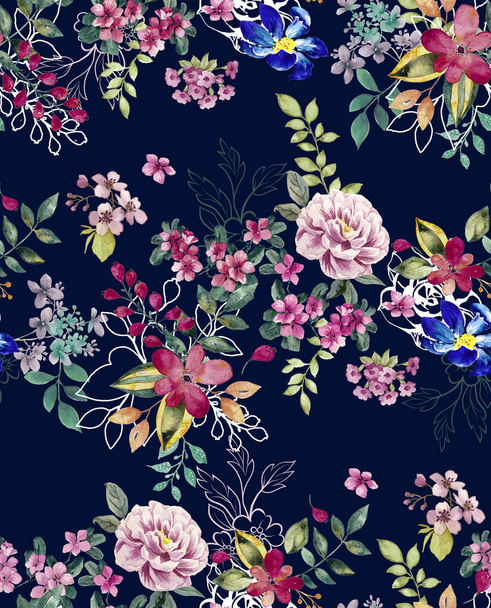 Design floral sem costura aquarela com fundo azul escuro para estampas têxteis. Fundo floral moderno
. - Foto, Imagem