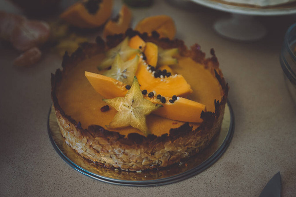 Cake with fresh fruits dragon fruit papaya carambola - Photo, Image
