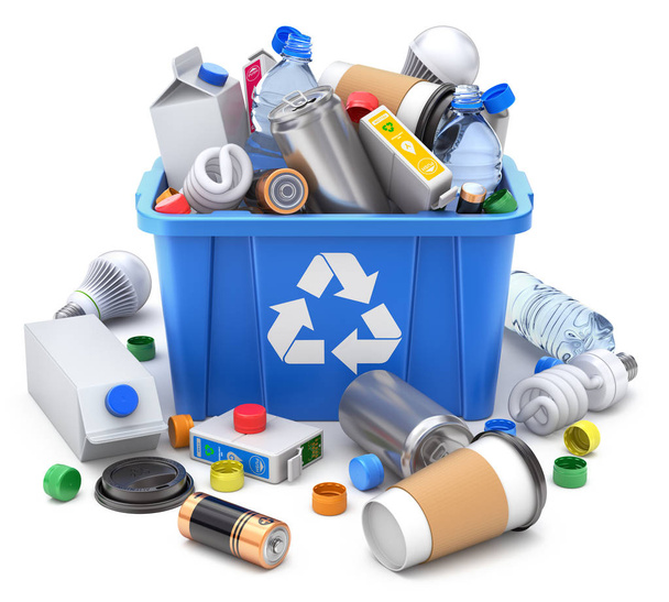 Lixo doméstico reciclável em caixa de reciclagem azul em fundo branco - ilustração 3D
 - Foto, Imagem