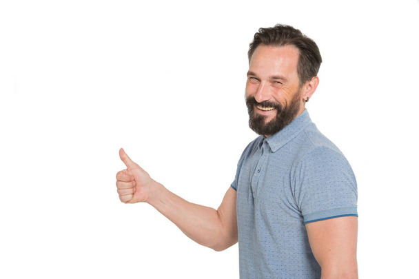 Portrait of happy bearded man keeping his thumb up - Fotoğraf, Görsel
