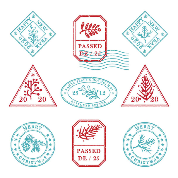 Set de estampado vintage con textura grange de goma navideña con símbolos navideños en colores rojo, verde y azul. Para tarjetas de felicitación de Navidad, invitaciones, banner web, volantes de venta diseño retro
 - Vector, Imagen