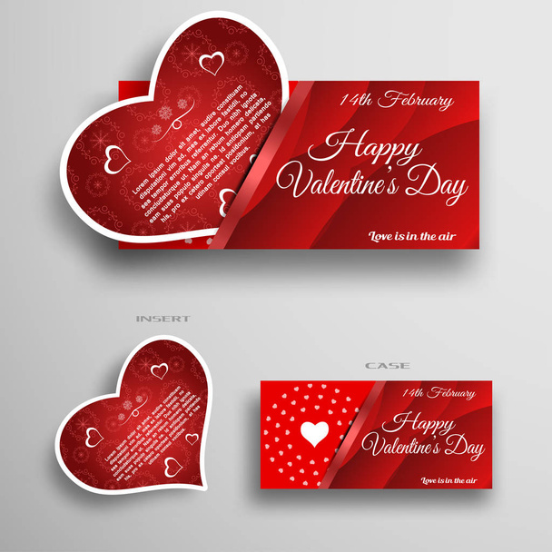 Vector set of greeting card insert in case with red wave pattern and stripe on the gray background. - Вектор, зображення