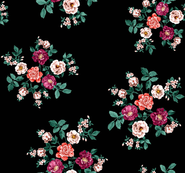 Colorful seamless floral pattern Drawn decorative flowers pattern. Design for home decor, fabric, carpet, wrapping on black background. - Photo, Image