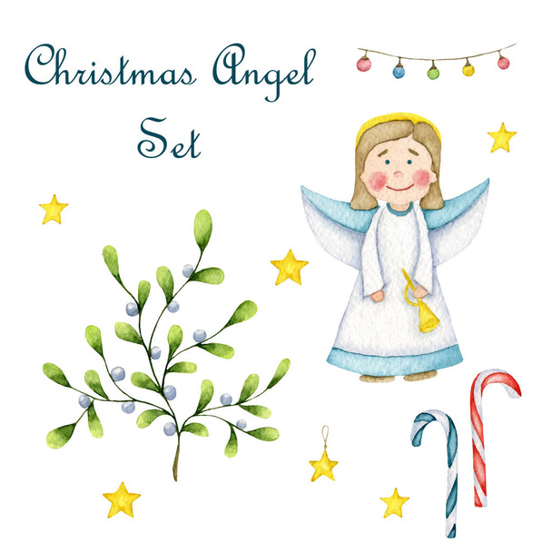 Leuke aquarel Kerst engel met een trompet in zijn handen, maretak, zoete suikerriet, gloeilampen en sterren geïsoleerd op witte achtergrond - Foto, afbeelding