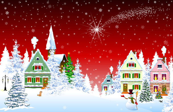 Vánoční hvězda na obloze nad domy na červené - Vektor, obrázek