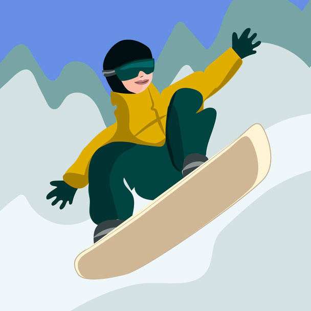 Snowboardista skákal a klouzal po horském svahu. Ručně kreslená vektorová ilustrace v plochém stylu - Vektor, obrázek
