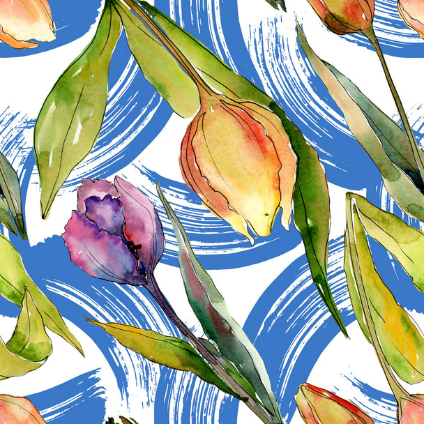 Tulip floral botanical flowers. Watercolor background illustration set. Seamless background pattern. - Foto, Imagem
