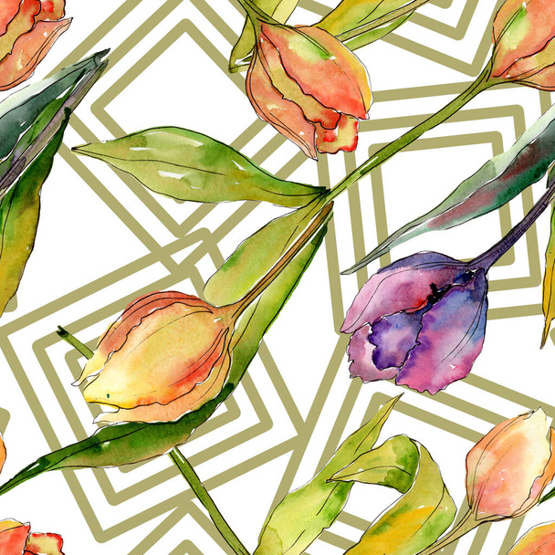 Tulip floral botanical flowers. Watercolor background illustration set. Seamless background pattern. - Foto, Bild