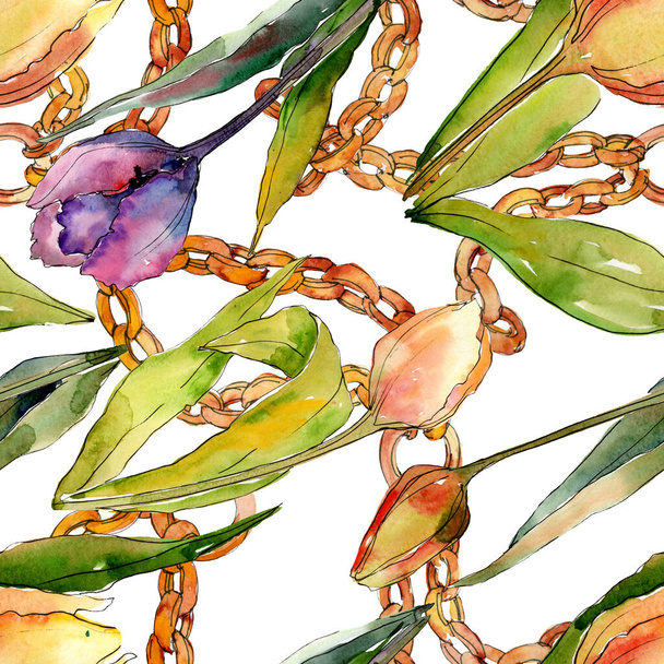 Tulip floral botanical flowers. Watercolor background illustration set. Seamless background pattern. - Foto, afbeelding