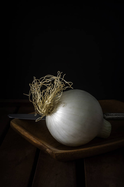 ONION WITH METAL KNIFE ON WOODEN PLATE AND DARK BACKGROUND. DARK FOOD PHOTOGRAPHY - Foto, Bild