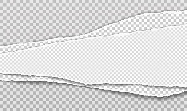 Stukken gestapeld gescheurd, wit en grijs realistisch horizontaal papier stroken met zachte schaduw zijn op vierkante achtergrond. Vectorillustratie - Vector, afbeelding