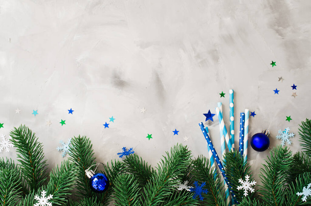 Christmas background with straws with various pattern in blue color for Christmas or New Year party. - Foto, Imagem