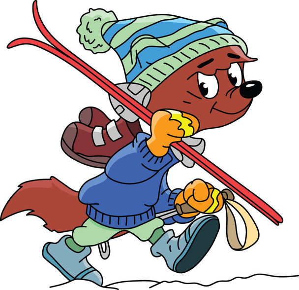 Γελοιογραφία αλεπού πηγαίνει σκι διανυσματική απεικόνιση - Διάνυσμα, εικόνα